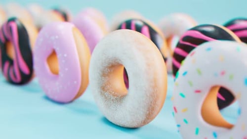 Pastellfarbene, bunt glasierte Donuts. Nahtlose Looping-Animation. Süßer Nachtisch.