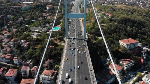 Establishing aerial drone view of Fatih Sultan Mehmet Bridge