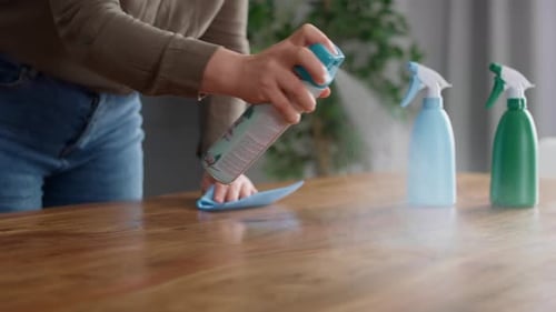 Close up of caucasian woman cleaning table at home. Shot with RED helium camera in 8K.