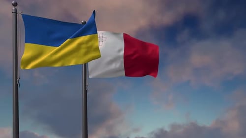 Flags of Ukraine and Malta Waving in the Wind