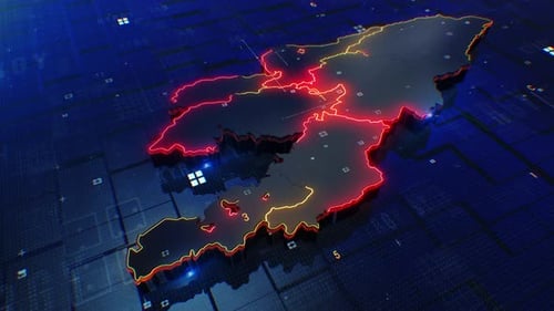 Digital Map Animation with Glowing Connections on a Tech Background