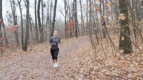 Young slim fit girl doing running exercises in the autumn forest. Running concept