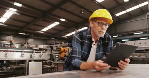 Arbeiter nutzt digitales Tablet in der Flaschenfabrik