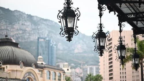 Casino of Monte Carlo building with big metallic lanterns in Monaco, close up view