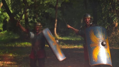 Roman Soldiers Ready for Battle in Forest