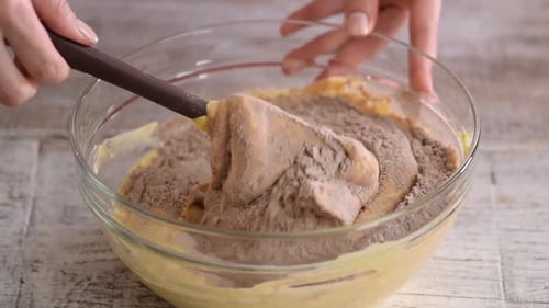 Mixing Chocolate Cake Brownies Batter in Bowl