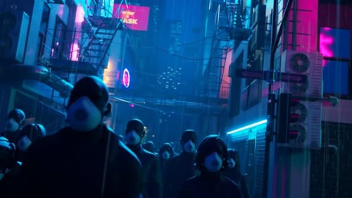 Creepy people wearing FFP3 masks walking in the night along a rainy city street.