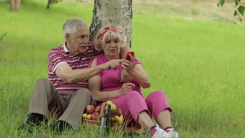 Family Picnic. Senior Old Grandparents Couple in Park Using Smartphone Online Browsing, Shopping