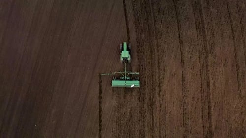 Tractor plows the ground with a plow in the field