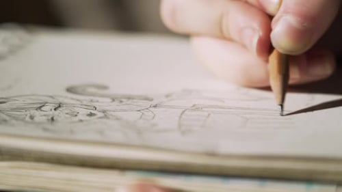 Hand Holds Pencil and Sketches in a Notebook