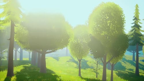 Cartoon Green Forest Landscape with Trees and Flowers