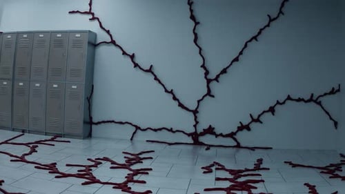 Una escena de película de terror de Run in school. Pasillo vacío con cosas de color rojo oscuro.