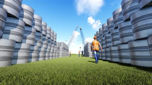 Animated Walk Through Industrial Storage With Workers And Cranes