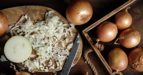 Whole Onion on Tray and Sliced Onions on a Cutting Board
