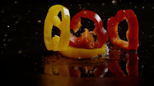 Slices of bell peppers falling on wet surface, Ultra Slow Motion