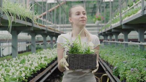 Young Adult Woman Holding Flowers in Greenhouse