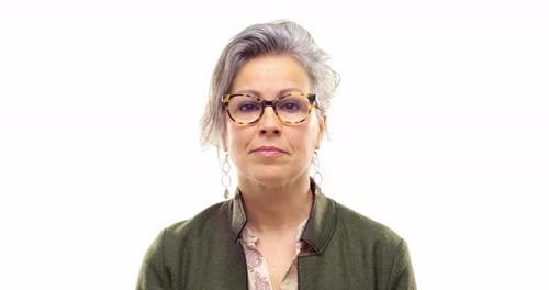 Beautiful White Hair Adult Senior Woman Serious Happysmiling Putting on and Getting of Eyeglasses
