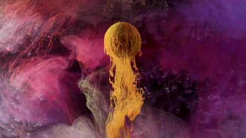 Yellow Ink Swirling in Purple, Pink Background