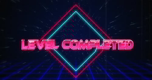 Niveau rétro : texte terminé qui scinde sur des carrés bleus et rouges sur un effet hyperespace blanc