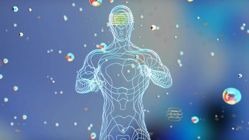 Animated Futuristic Wireframe Human Model in Virtual Digital Environment