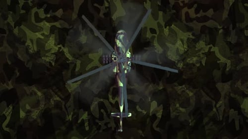 Military Attack Helicopter with Spinning Rotors on Camouflage Background