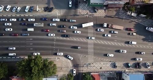 Top Down View of Freeway Busy City Rush Hour Heavy Traffic Jam Highway