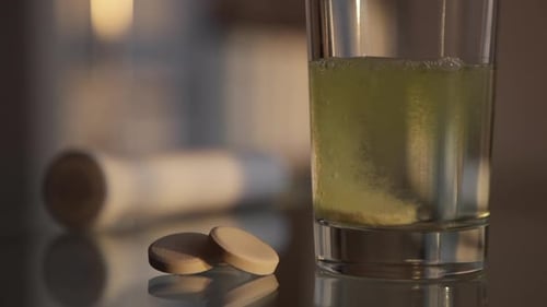 Die
Brausetablette löst sich in einem Glas Wasser auf. Vitamin C-Pillen auf dem Tisch