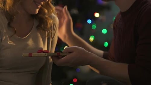 Loving Couple Exchanging Gifts at Christmas