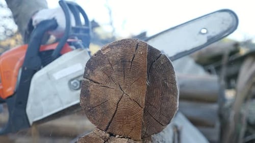 Chainsaw Cutting Through Log of Wood