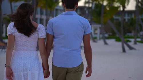 Rear view of couple holding hands, walking on sandy beach. Wind blows through girl's hair. Romantic