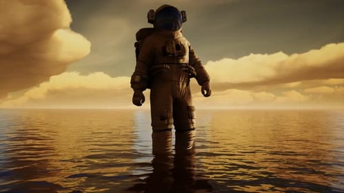 Spaceman in the Sea Under Clouds at Sunset
