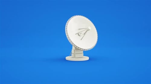 Animation 3D faisant tourner une antenne parabolique sur fond bleu