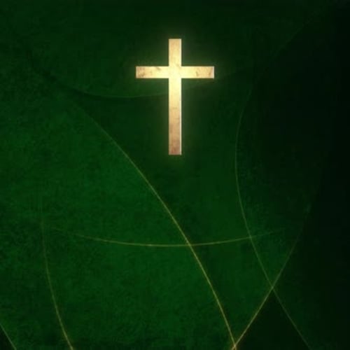 Golden Cross on Textured Green Background with Abstract Lines
