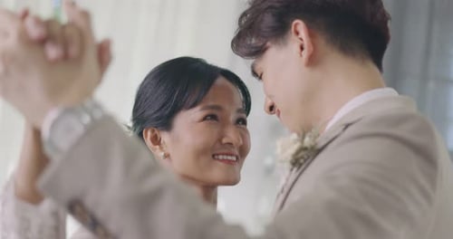 Happy Asian Bride And Groom In Wedding Dress Prepare For Married In Wedding Ceremony.