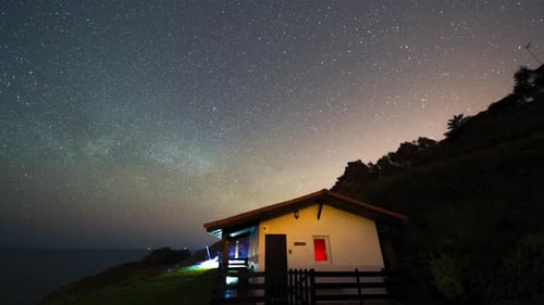 Isolated House At Night With The Milky Way and Stars