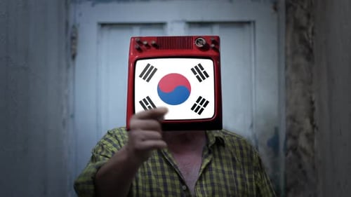 Man with Television Head Displaying South Korea Flag