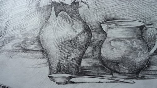 Pencil Drawing of Vase, Pitcher, and Spoon Still Life