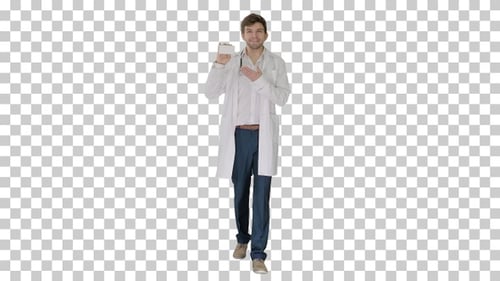 Walking Male Doctor showing empty white box of pills, Alpha Channel