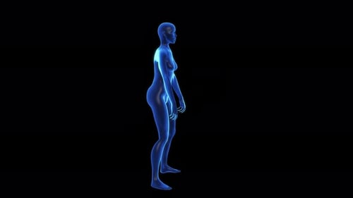 3D Glowing Female Figure Performing Squats for Health and Fitness