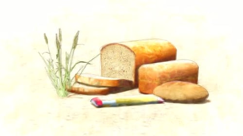 Artistic Painted Animation of Wheat, Bread, and Butter Still Life