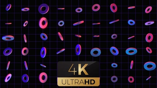 Neon Gradient Torus Rings Floating on Grid Background Loop