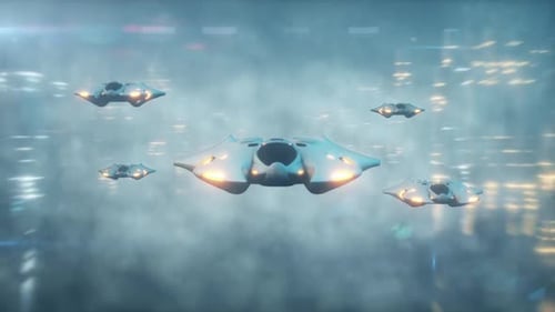 Futuristic Spaceship Fleet Flying Over a Blurry City