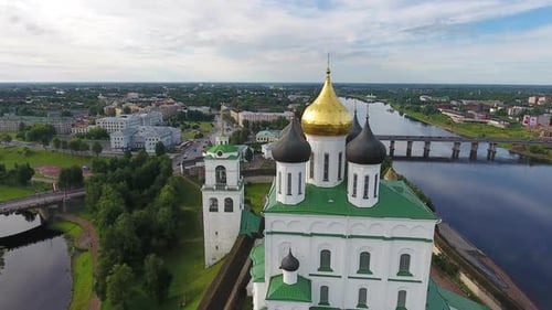 Aerial of Pskov Kremlin and Trinity Cathedral