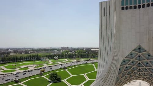 Aerial drone view of the Azadi tower in Tehran. Iran 2018, may. A monument located at Azadi Square.