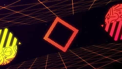 Retro Geometric Shapes Flying Through Neon Digital Grid