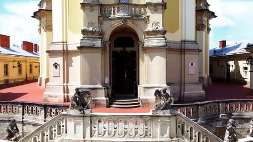Aerial drone view of a flying over the Catholic Cathedral