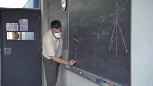 Maths Teacher with Protective Face Mask Writing Mathematics Formulas on the High School Blackboard