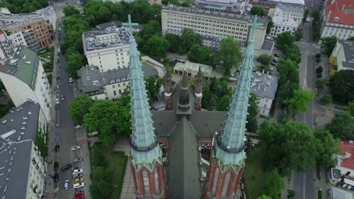 Drone Aerial Video of the Catholic Church in Warsaw Poland