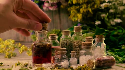 Botanical Remedies in Bottles with Corks and Herbs