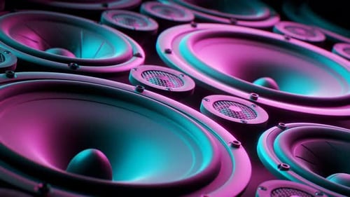 Playing speaker membranes stacked in endless loop. Lit by colourful retro lights